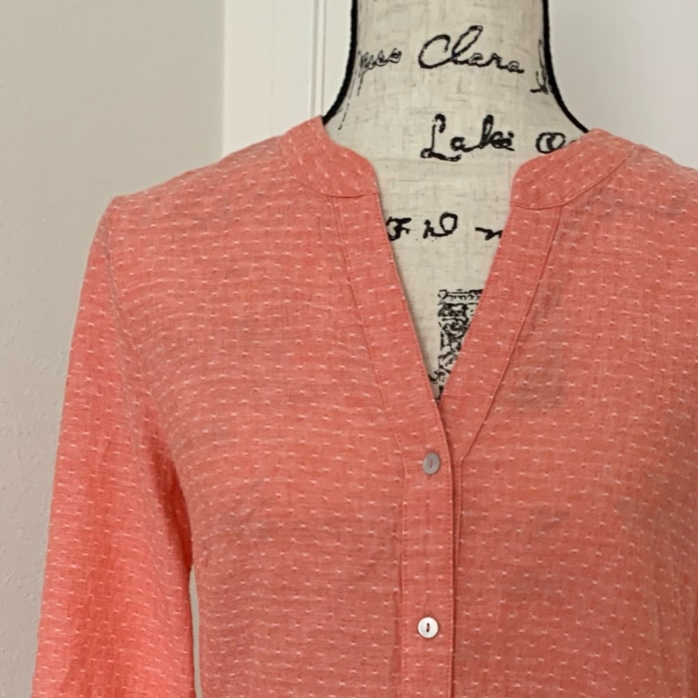 🍒 Westbound Coral Orange Linen Cotton Button-Up Shirt Blouse Top - Picture 2 of 2